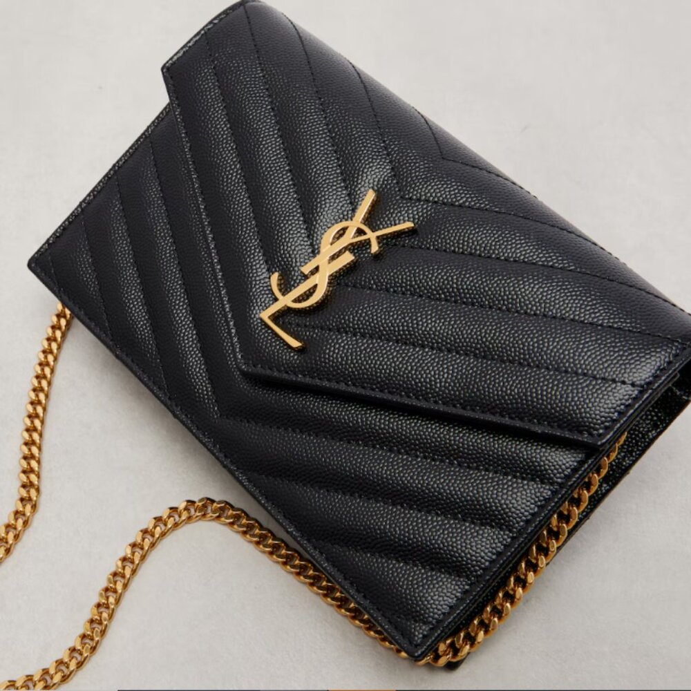 Saint Laurent Cassandre grained leather wallet on chain